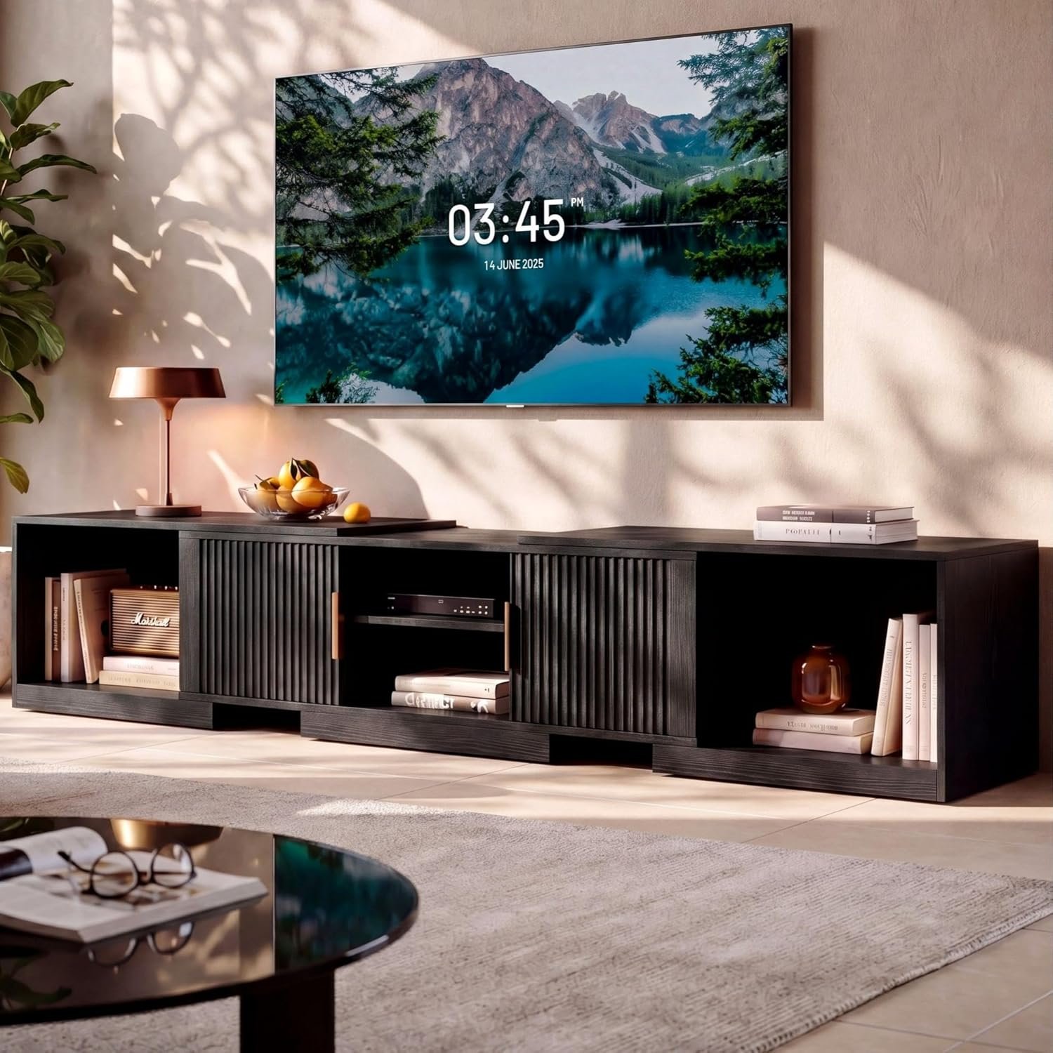 IRONCK TV Stand for 55-80 Inches TVs, 63″-84.6″ Adjustable Length, Extendable Corner Entertainment Center with Storage Cabinets, Fluted Doors Modern Media Console, Ideal for Living Room, Black