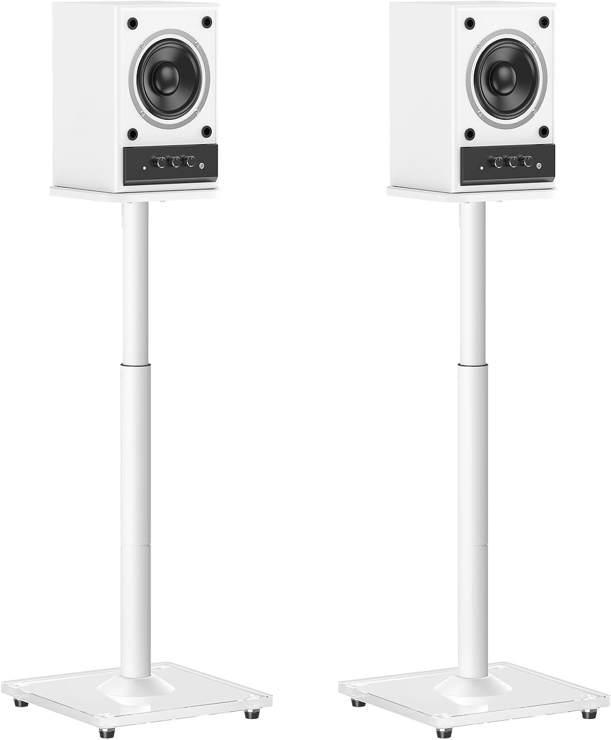 MOUNTUP Universal Speaker Stands Pair, 28.3″ to 37.4″ Height Adjustable Floor Speaker Stands, Holds Bookshelf & Large Satellite Studio Speakers, Cable Concealing, 22LBS Capacity, 9.8″ Plate, White