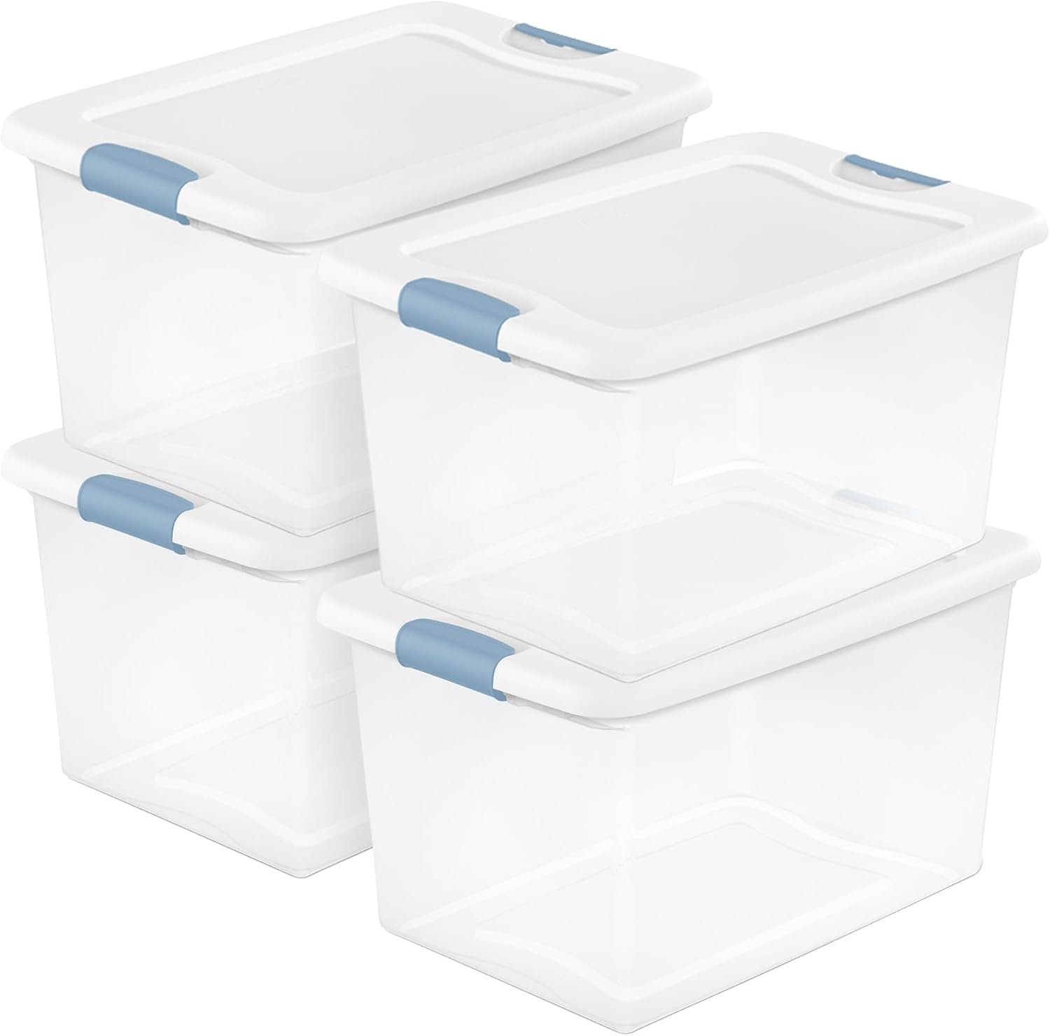 Sterilite 4-Pack 64 Quart Latching Box, Clear Plastic Storage Organizer Bins with White Lids – Large Stackable Containers for Home Bedroom, Dorm Room, and Closet Organization