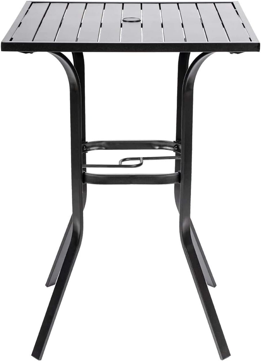 Patio Height Bar Table, Outdoor Bistro Square High Top Dining Table with 1.57” Umbrella Hole & Steel Slat Table Top (Black)