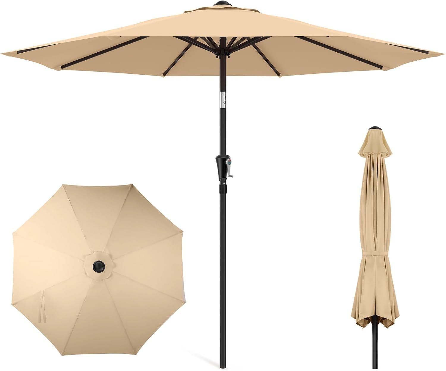 HOMSHADE 9ft Outdoor Patio Umbrella – Market Table Pool Deck Umbrella UPF50+ UV Protection with Push Button Tilt, Crank and 8 Sturdy Ribs (Beige, No base)