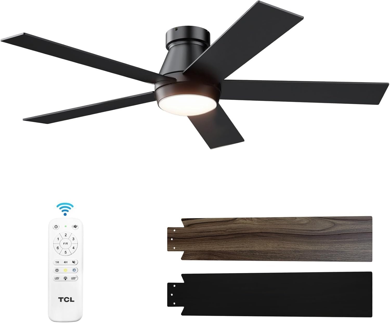 TCL 52″ Ceiling Fan with Lights, Black Flush Mount Ceiling Fans with Remote Control, 6 Speeds DC Reversible, Dimmable, Noiseless, Low Profile Ceiling Fans for Bedroom