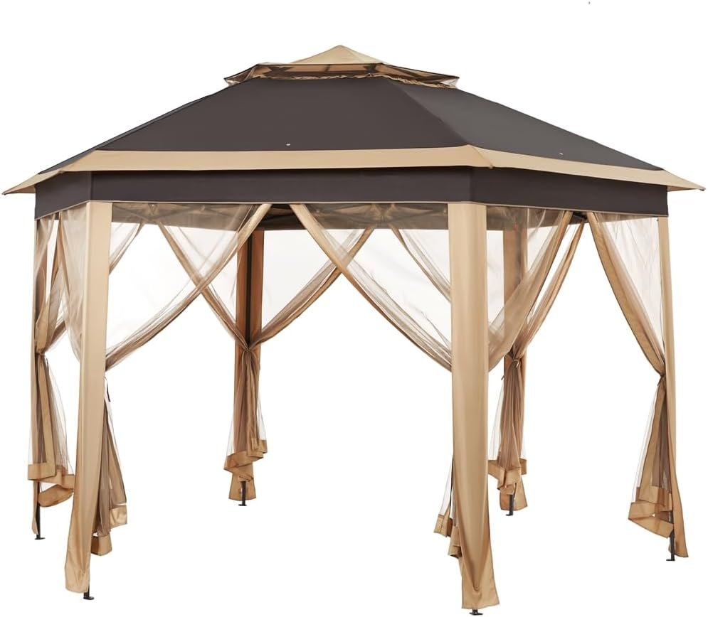 Yaheetech 13×13 Pop up Gazebo, Hexagonal Outdoor Canopy Shelter, Instant Patio Gazebo Sun Shade Canopy Tent with Double Tiers & Mesh Netting for Lawn, Garden, Backyard & Deck, Khaki/Brown