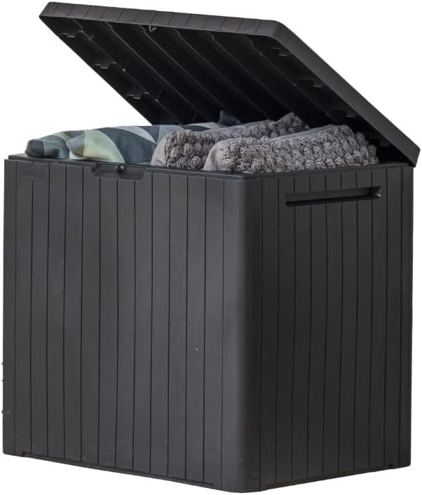 Keter City 30 Gallon Resin Outdoor Storage Box and Patio Furniture Side Table for Pool and Garden Accessories, Dark Grey