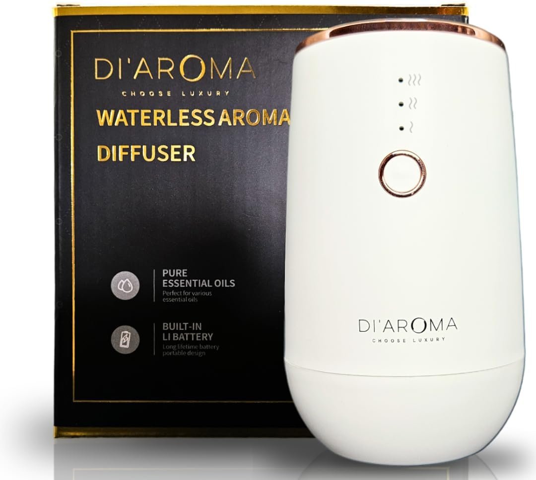 Waterless Essential Oil Diffuser – Portable Nebulizing Aroma Oil Diffuser for Car, Home & Office, USB Rechargeable, Silent Operation, No Water Needed, Di’Aroma (White)