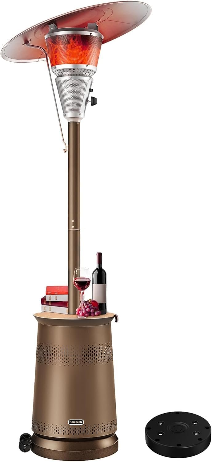 50,000 BTU Patio Heater for Outdoor Use With Adjustable Heat Focusing Top, Portable Propane Patio Heater with Wheels, Stainless Steel Burner for Porch, Deck, Garden, Commercial (Brown)