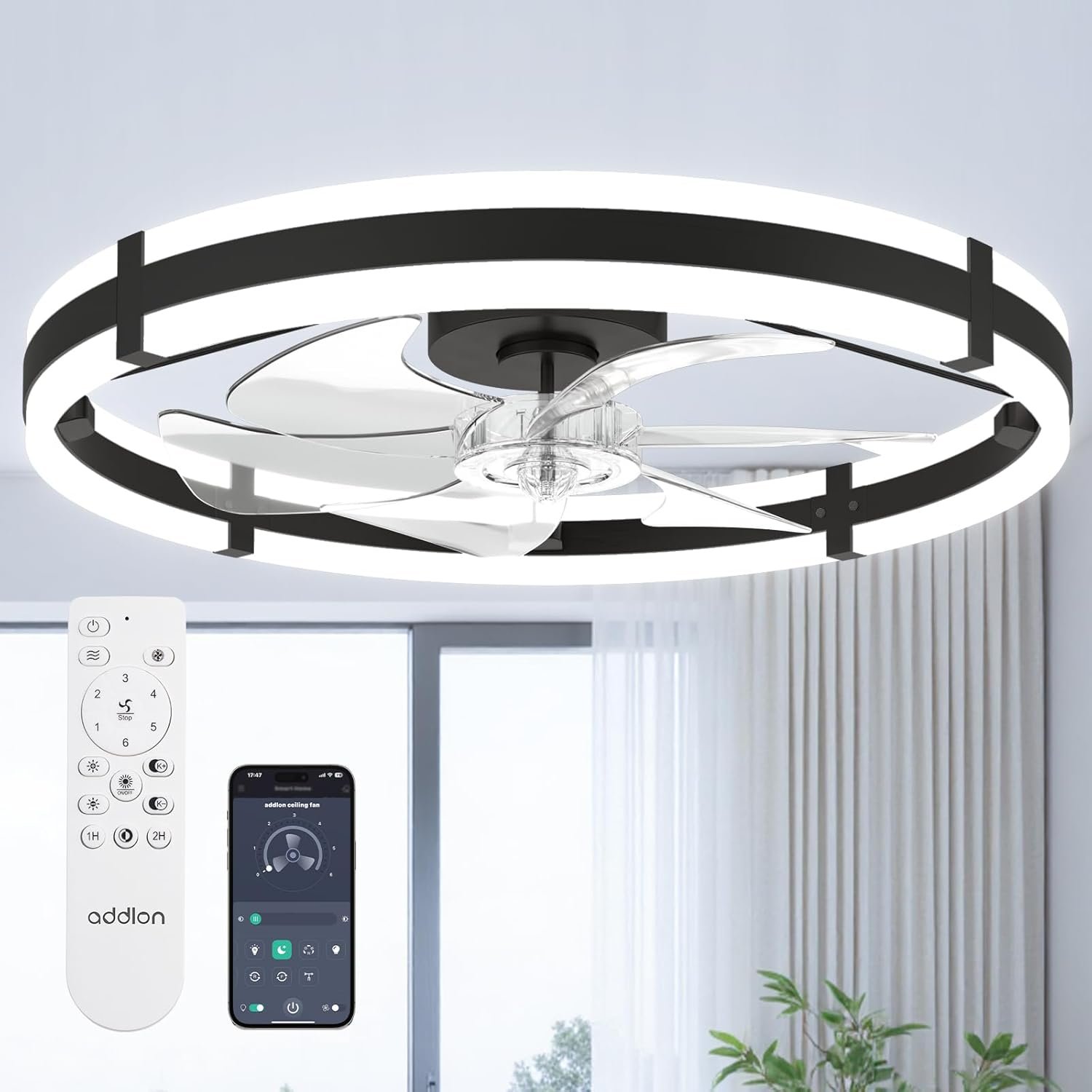 addlon 24” Ceiling Fans with Lights and Remote, Low Profile Flush Mount Ceiling Fan with Light, 3000-6000K Dimmable LED Fandelier, Modern Small Black Ceiling Fan for Bedroom, Kitchen, Living Room