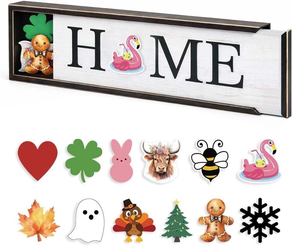 nuvagiki Interchangeable Seasonal Home Sign with 12 Icons, Farmhouse Wooden Table Decor, Rustic Tiered Tray Decorations for Holidays, Spring Summer Fall Christmas Home Decor