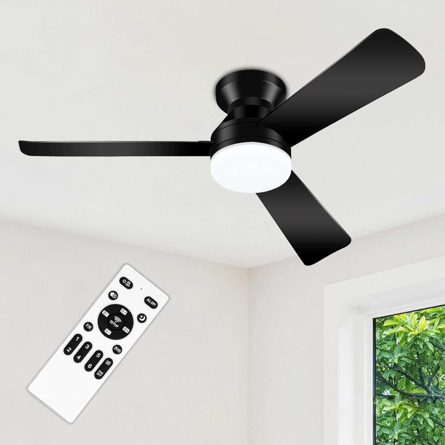 Ceiling Fans with Lights – 42 Inch Low Profile Ceiling Fan with Light and Remote, Reversible DC Motors, 3CCT Dimmable Timer Noiseless, Black Flush Mount Ceiling Fan for Bedroom/Living Room