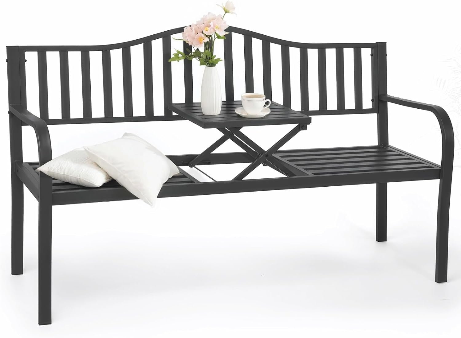 BODIOO Outdoor Metal Garden Bench 59″ Patio Bench with Built in Table Park Bench, Outside Bench Weather Proof Front Porch Bench, 500lbs, Gray