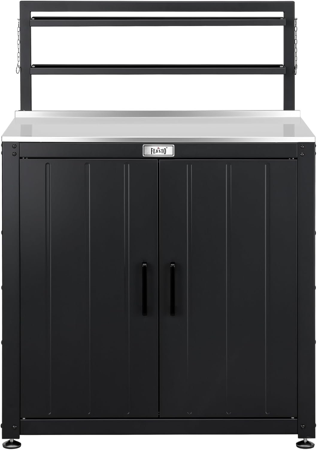 Feasto Outdoor Potting Bench Table with Storage Cabinet, Black | Stainless Steel Garden Workstation, Raised-Edge Top, Adjustable Shelf & Removable Hutch, Patio, Balcony & Outdoor Workspace