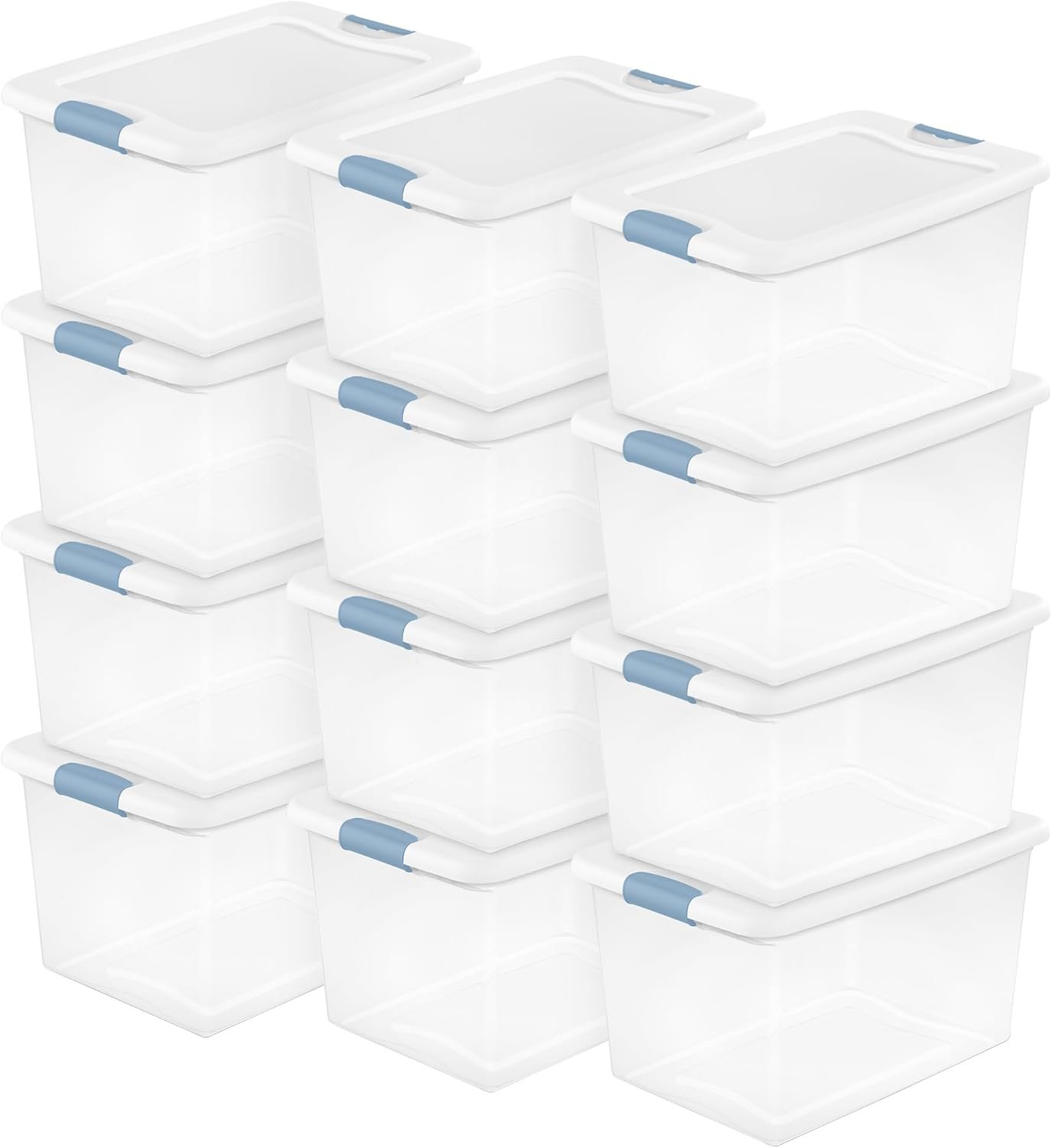 Sterilite 12 Pack Latching Box, Under Bed Storage Bins with Lids, Clear Plastic, 64 Quart – Heavy-Duty Organizing Containers for Closet, Bathroom, and Office