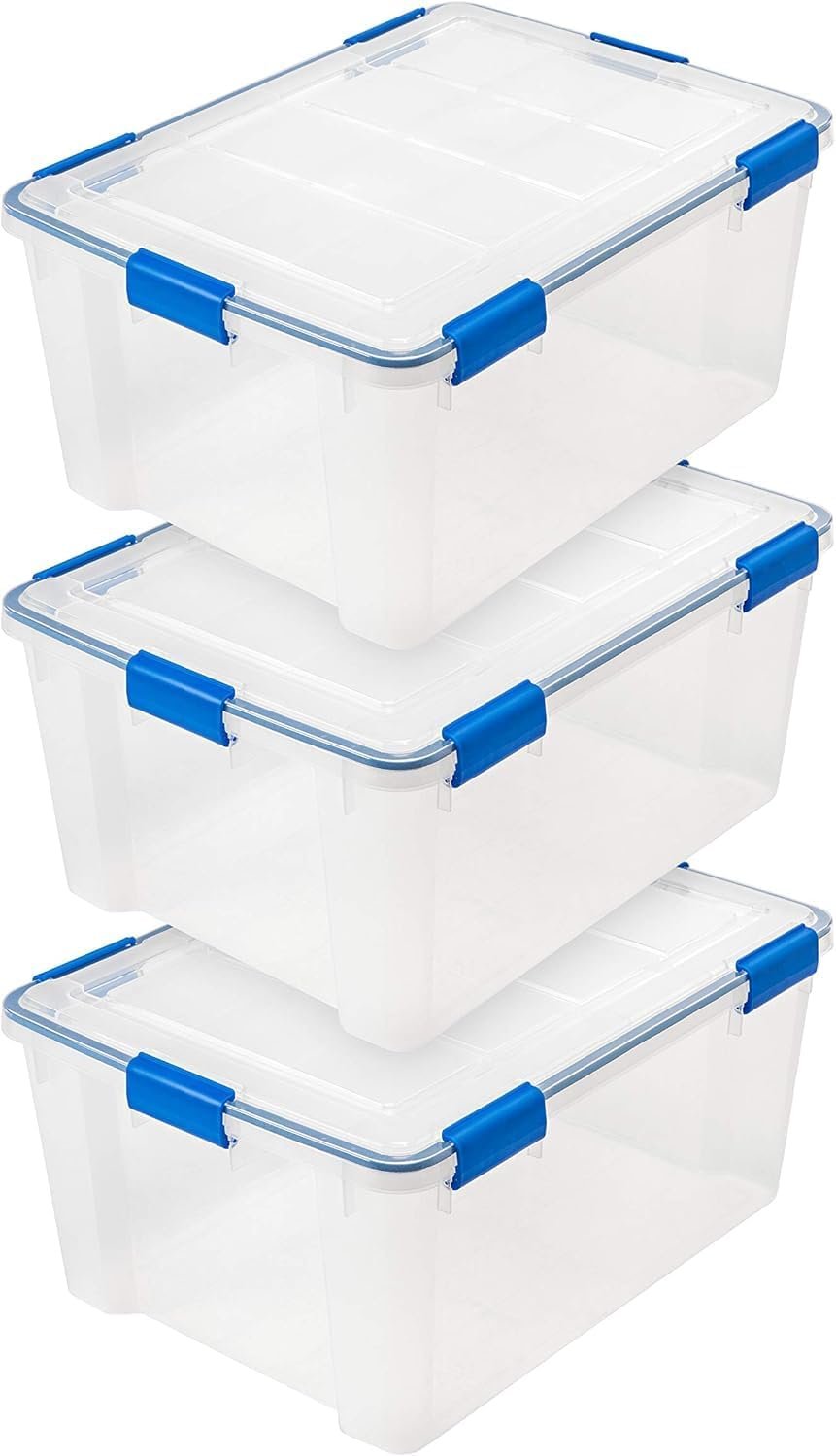 IRIS USA WeatherPro 60 Qt Storage Bins with Lids, 3 Pack, BPA-Free Plastic Gasket Box with Tight Latch and Seal, Stackable Nestable Tote Tub – Clear/Blue