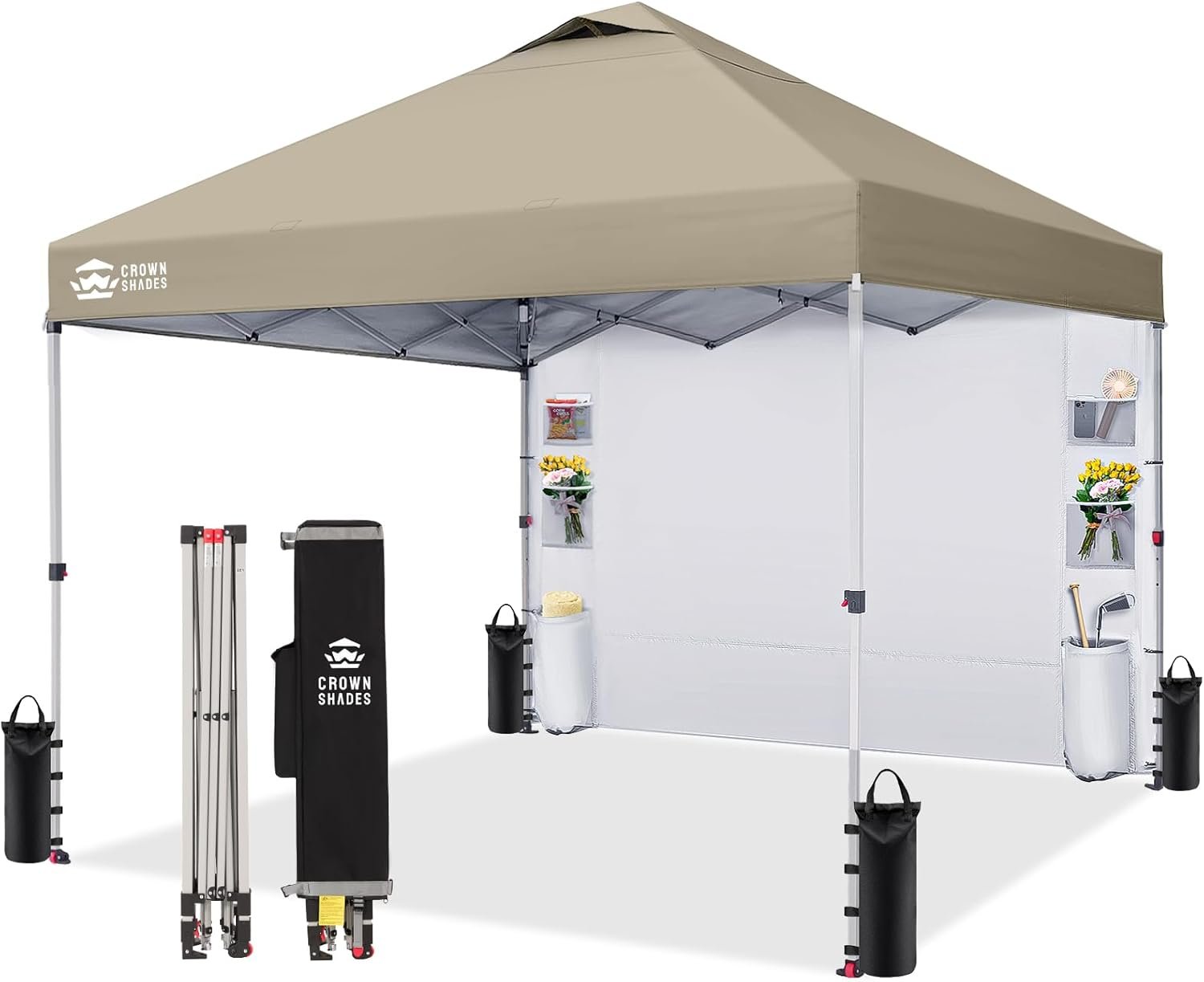 CROWN SHADES Canopy Tent 10×10 Pop Up Canopy Outdoor Shade with Pockets Sidewall, Easy Up Sun Shelter with One Person Set Up Center Lock, Portable Instant Camping Beach Canopy Tents, Beige