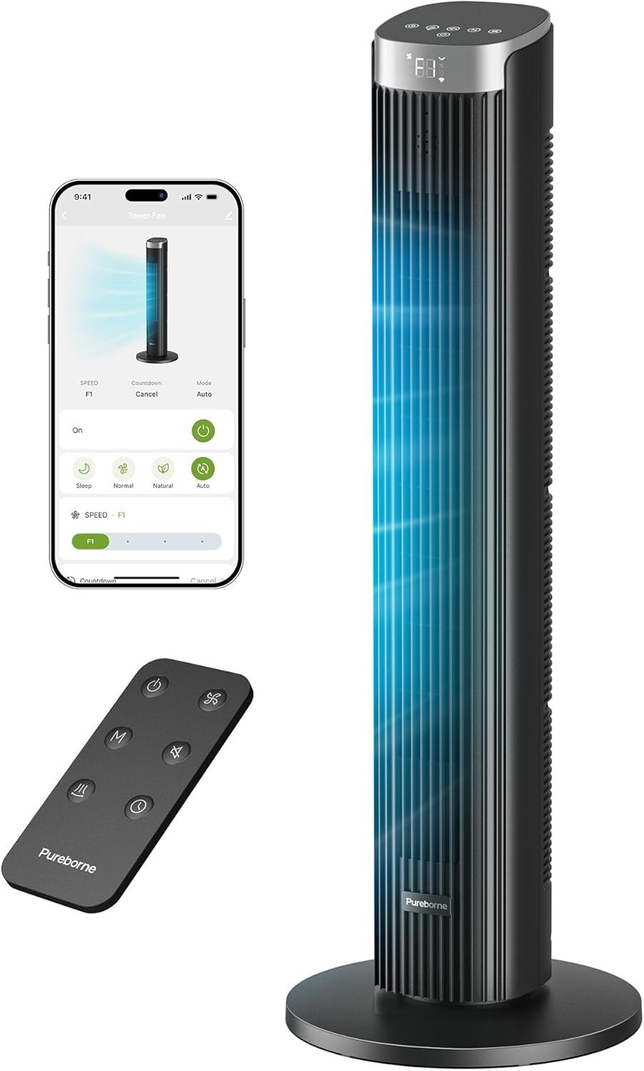 Tower Fan for Bedroom, 36″ Smart Standing Fan with 90° Oscillating, APP & Voice Control, LED Display, 4 Modes 4 Speeds up to 25ft/s, 12H Timer, 23dB Quiet Fan for Cooling Home 1Pack, Black