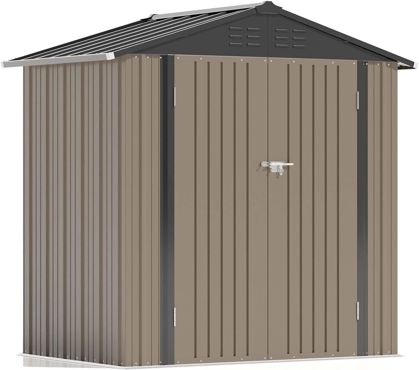 Patiowell 6×4 FT Storage Shed, Outdoor Metal Sheds with Lockable Door and Sloping Roof, Waterproof Outside Utility Garden Tool Shed with Breathable Vents for Patio Lawn Backyard, Brown