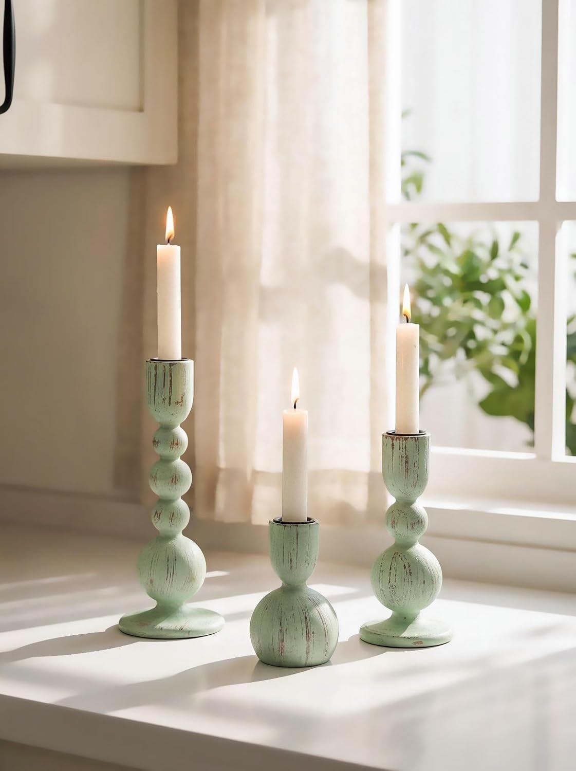 NUPTIO Candle Stick Holders Decor: Set of 3 Farmhouse Wooden Taper Candle Holders – Rustic Sage Green for Home Coffee Dinner Table