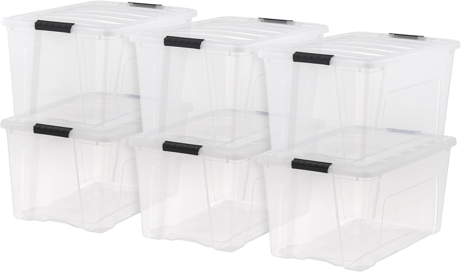 IRIS USA 72 Qt Stackable Plastic Storage Bins with Lids, 6 Pack – BPA-Free, Made in USA – See-Through Organizing Solution, Latches, Durable Nestable Containers, Secure Pull Handle – Clear