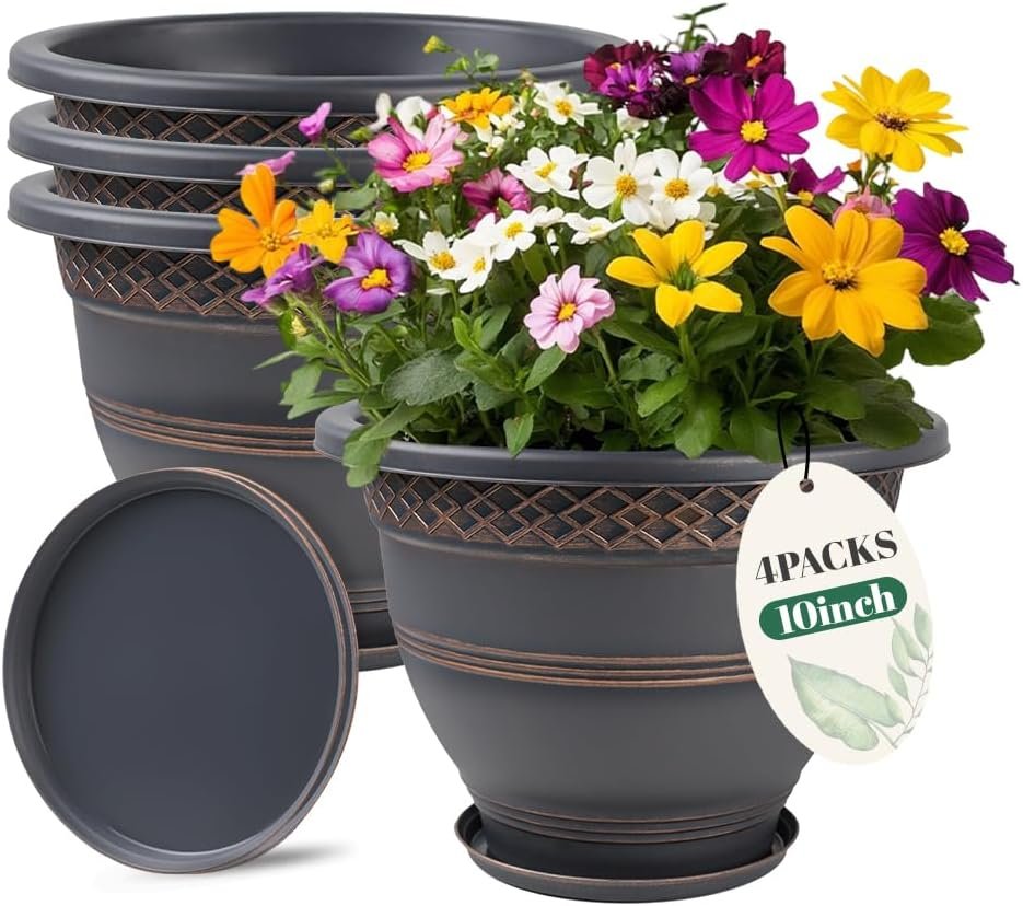 Usocik 10 Inch Plaid Plant Pots 4 Pack with Drainage and Saucers Copper | Copper plaid PP pots with drainage holes and saucers for herbs flowers succulents indoor patio porch