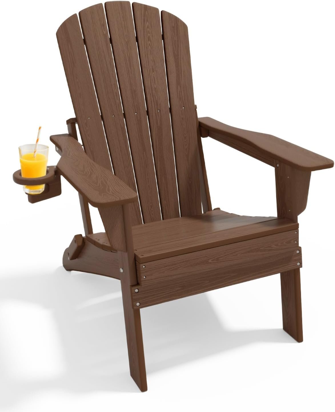 Upgraded Folding Adirondack Chair with All-Weather Cup Holder-EcoVida, Premium Wood Grain Texture, HDPE Waterproof, Suitable for Fire Pit, Patio, Porch, Coffee