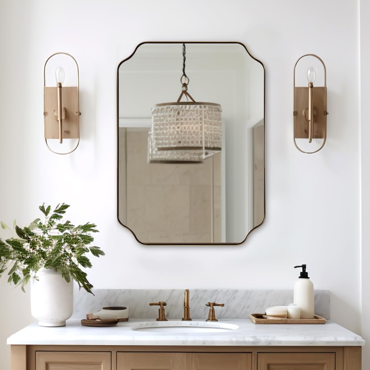 ANDY STAR Brushed Gold Mirror, 22″x30″ Bathroom Vanity Mirror, Rounded Rectangle Bathroom Mirror with Rust-Proof Stainless Steel 1″ Frame, Wall Mounts Horizontally or Vertically