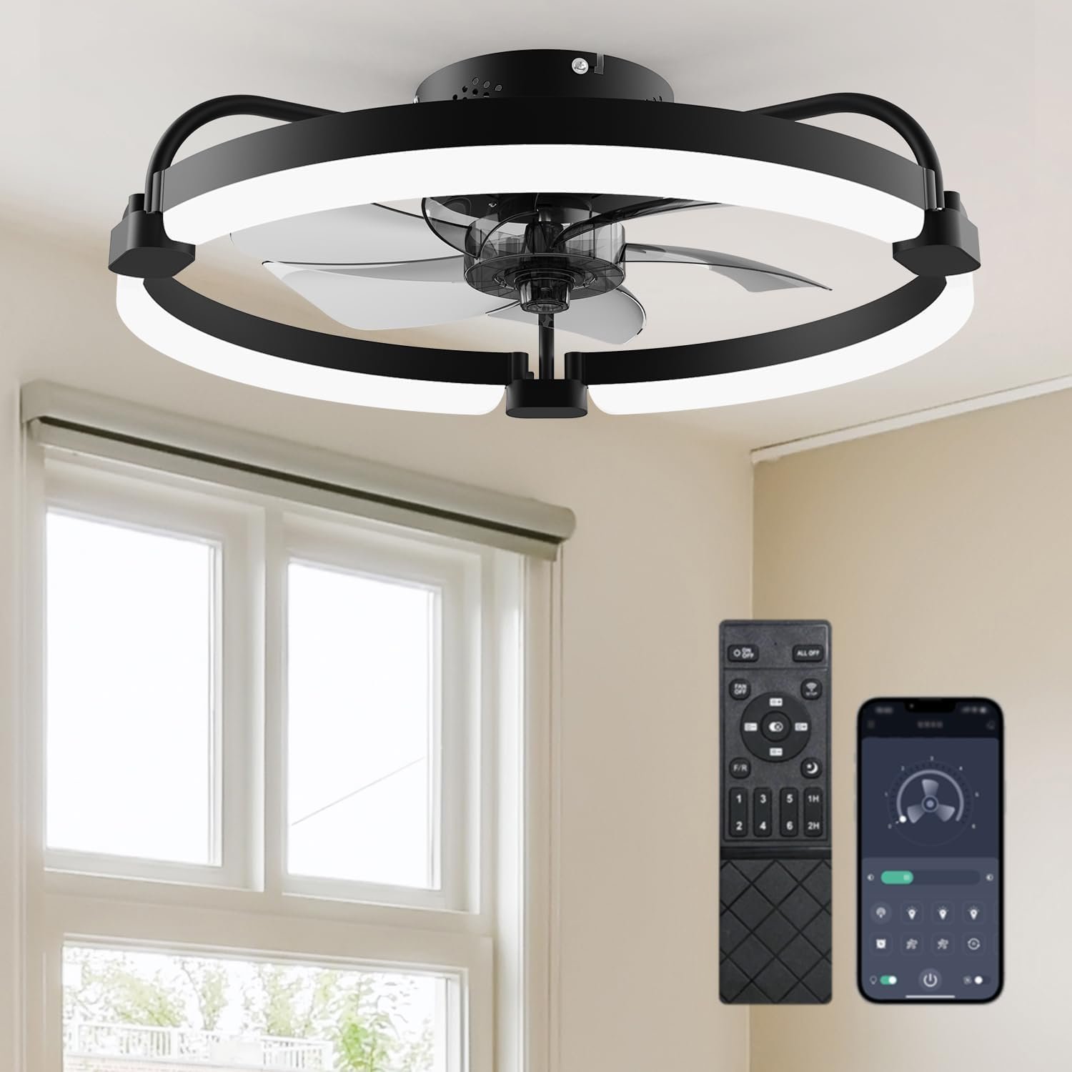 Ensenior Ceiling Fans with Lights and Remote, 20” Low Profile Ceiling Fan Flush Mount, APP Control, 6 Speed, 3CCT, Quiet Reversible DC Motor, Dimmable Modern Ceiling Fan with Light for Bedroom, Black