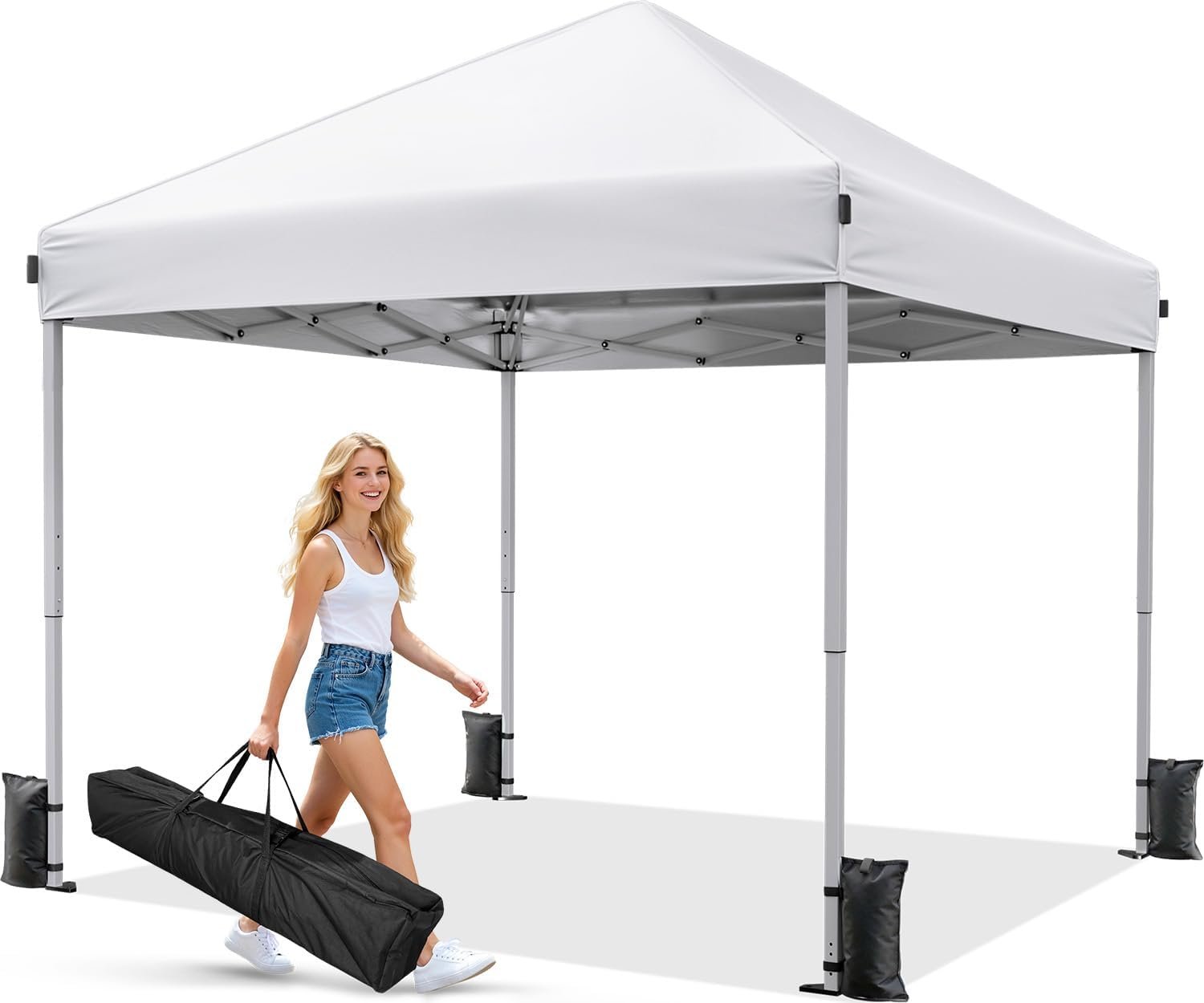Driftalia 10×10 Pop Up Canopy Tent, Instant Setup Portable Canopy with Carry Bag, 4 Sandbags and 8 Stakes for Outdoor Events, Parties & Camping – White