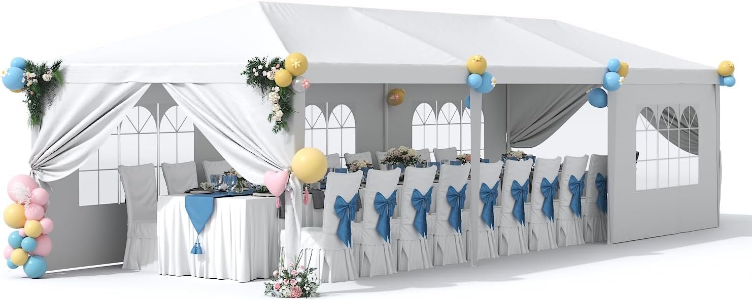 Greesum 10×30 Outdoor Canopy with 6 Side Removable Walls, Patio Camping Heavy Duty Gazebo Shelter for Party Wedding BBQ Events, Waterproof Tent, White