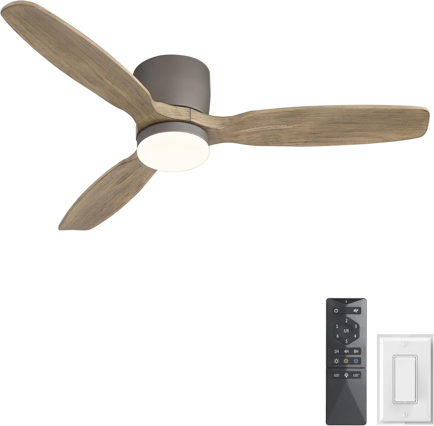 WINGBO 48″ Flush Mount Ceiling Fan with Light – 3 Carved Solid Wood Blades, 6-Speed Reversible DC Motor, Dimmable, 3CCT, Low Profile Ceiling Fans with Lights for Bedroom Living Room, Charcoal Gray