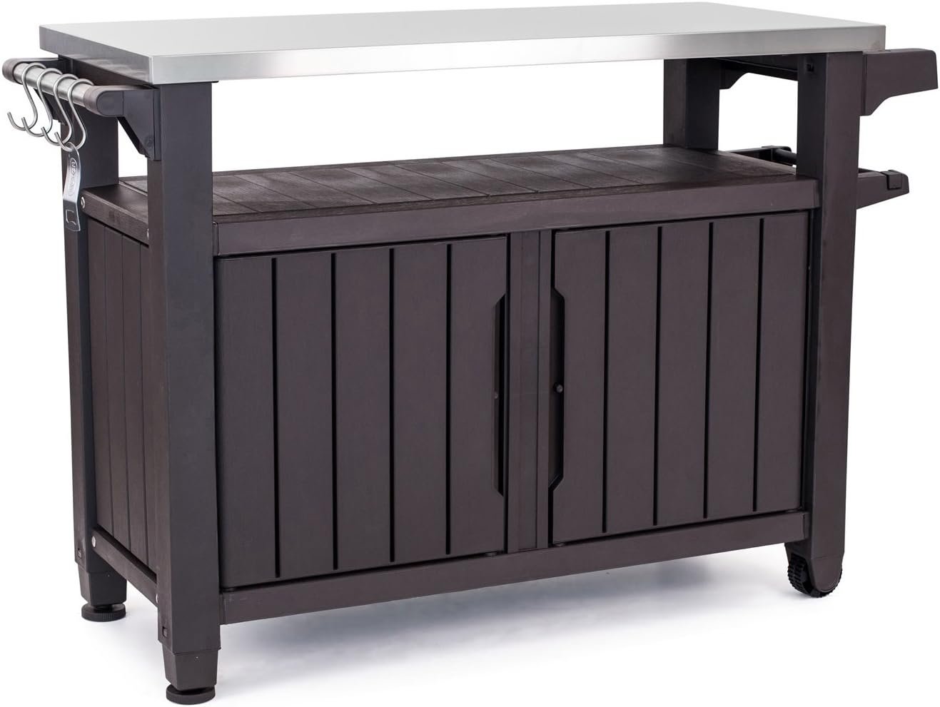Keter Outdoor Rolling Table Cart for Food Prep, Storage, Bar & Grill, Dark Brown – Portable Kitchen Island Tabletop with Wheels for Drinks, Snacks, and Cooking