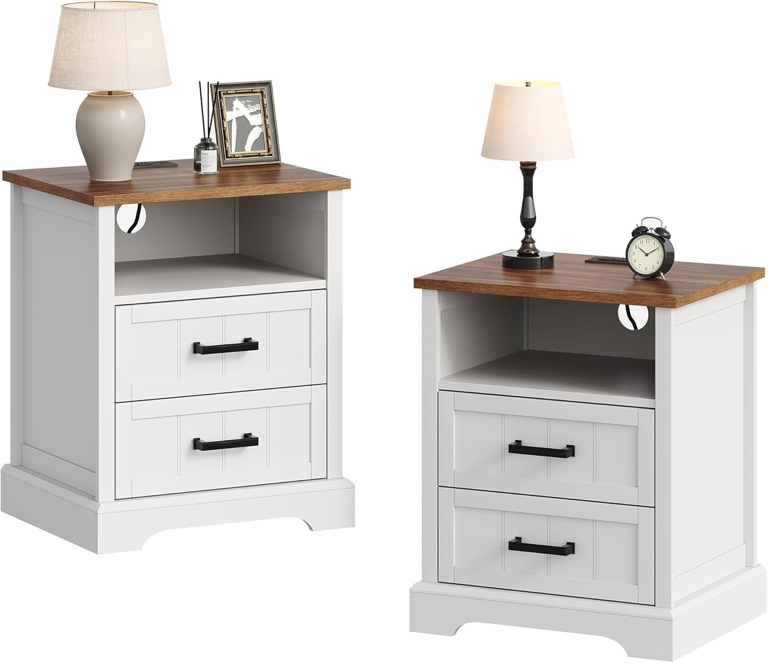 ChooChoo Farmhouse Night Stands with Charging Station, Wood Nightstand Set of 2 with 2 Drawers, Bedside Table with Open Storage Shelf for Bedroom, White