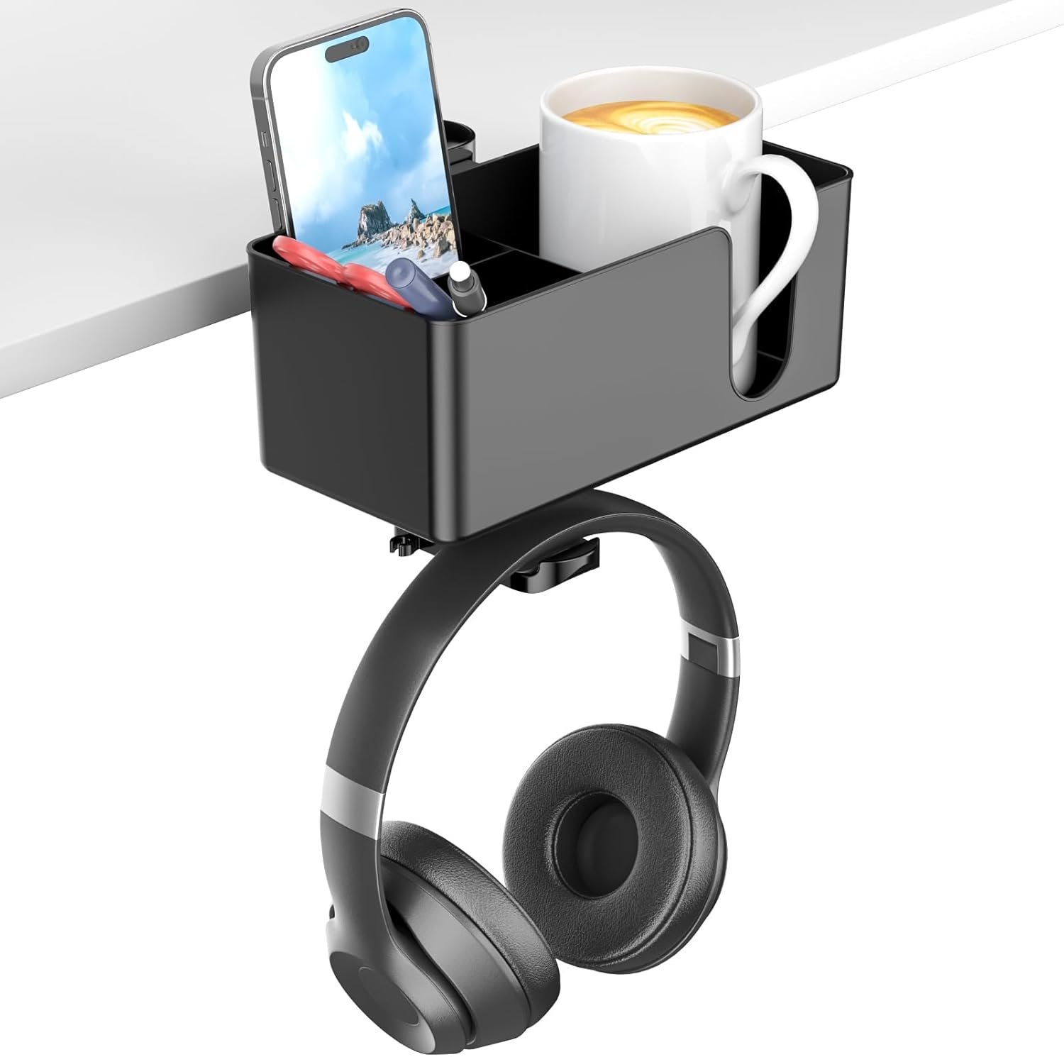 KDD 4 in 1 Desk Cup Holder – Clamp on Under Desk Headphone Hanger – Rotating Headphone Holder Detachable Pen Cup Holder Desktop Storage for Cup, Phone and Pen(Black)