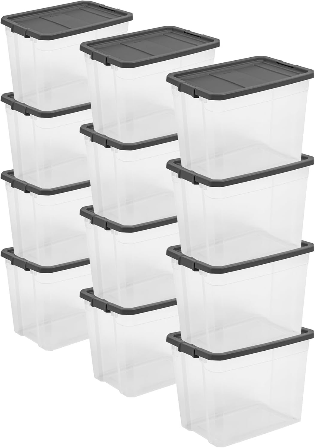 Sterilite 12-Pack Modular Stacker Box, Durable Clear Plastic Storage Bins with Latching Lids, 108 Quart – Stackable Organizing Container Boxes for Closet, Bathroom, and Office
