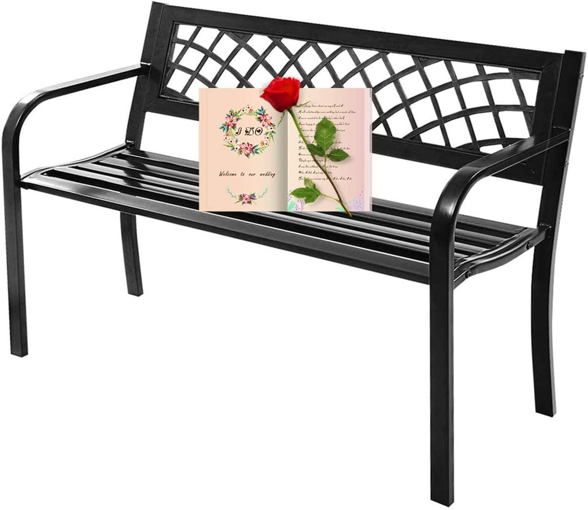 Patio Bench – Outdoor Metal Garden Bench with Armrests, 480lbs, Cast Iron, Sturdy Steel Frame, Black