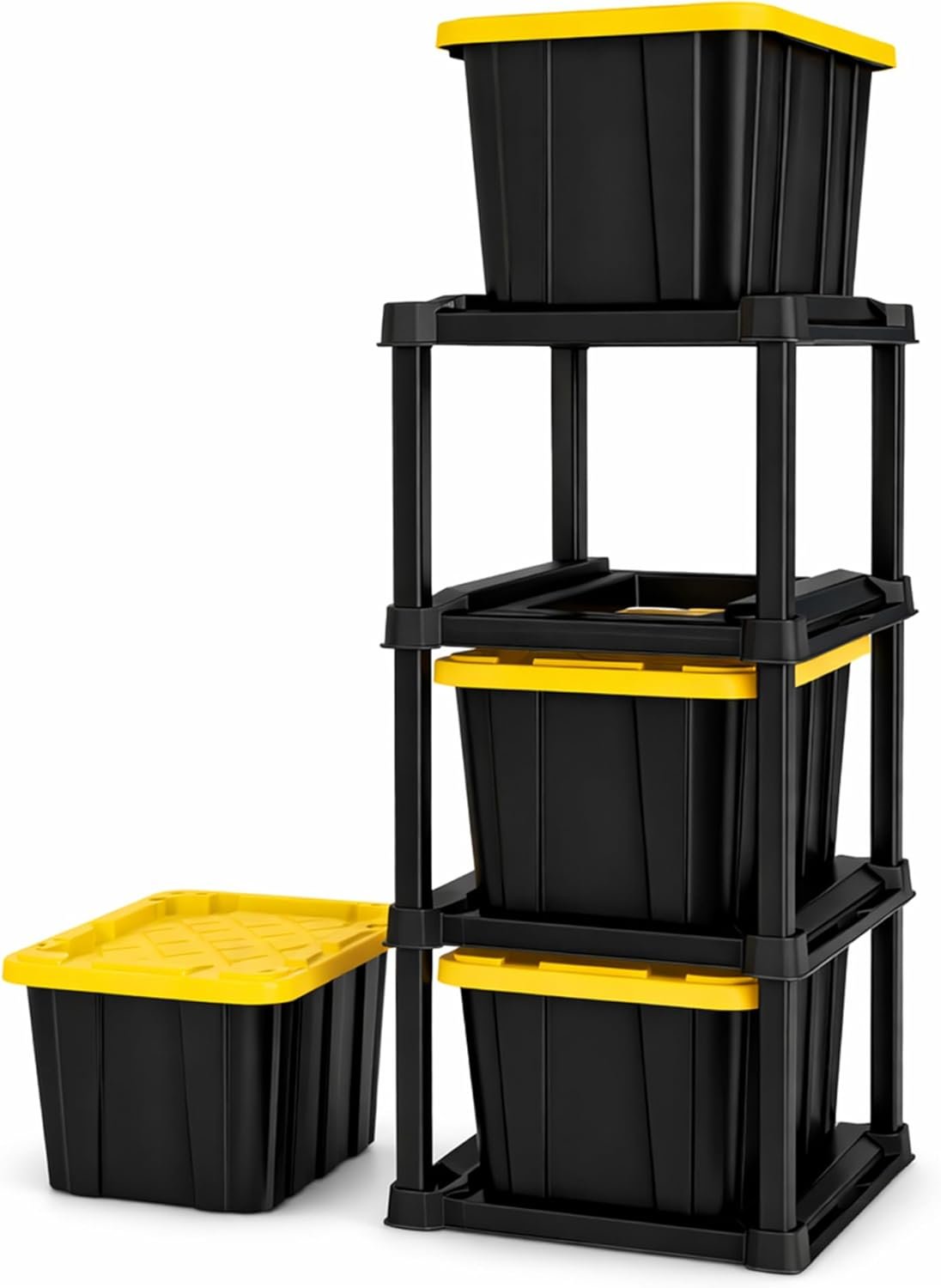 Sterilite 4 Tier Tote Rack, Vertical Plastic Organizer with 4 Pack 27 Gallon Industrial Storage Totes, Black – for Garages, Workshops, or Basements