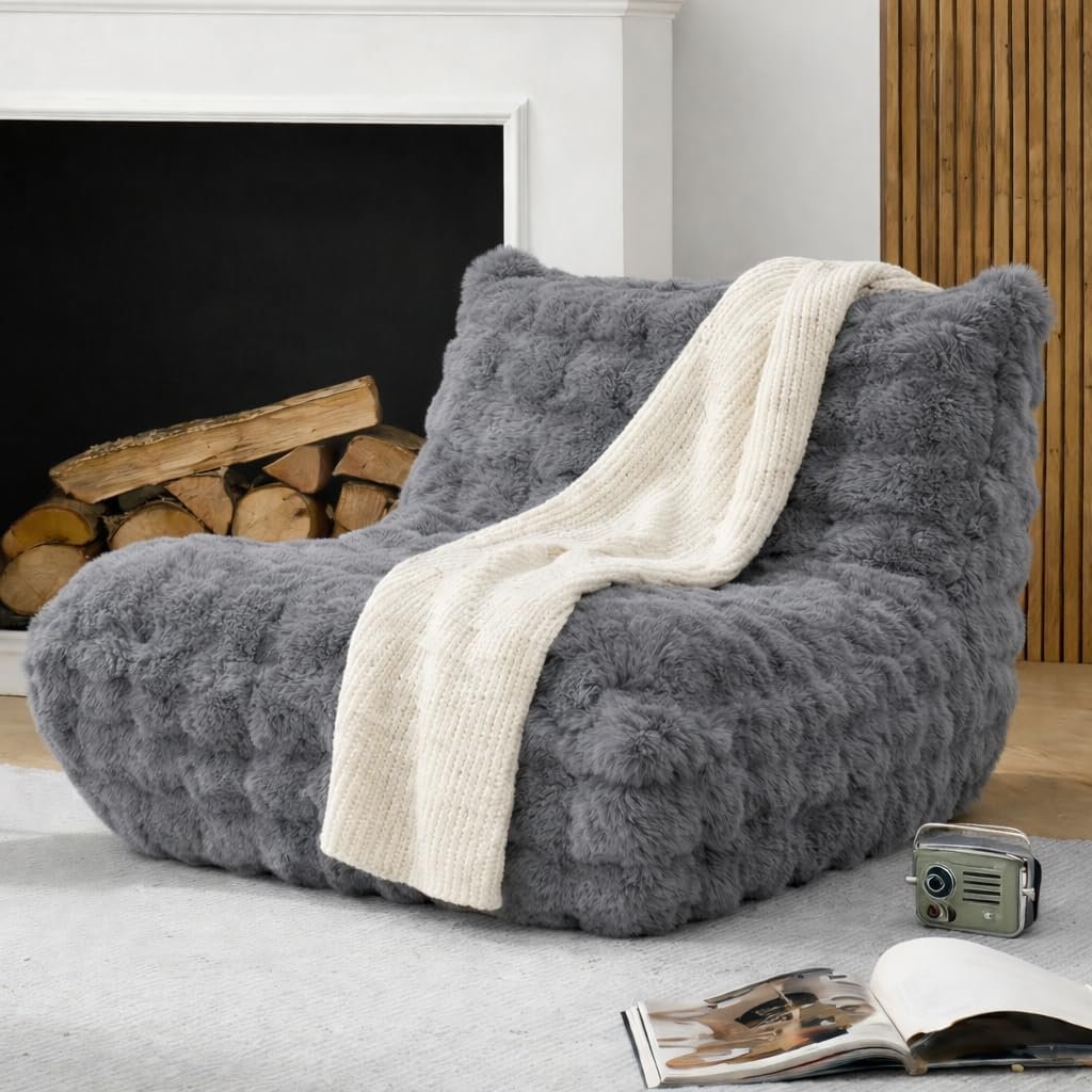 Bean Bag Chairs with Filler Faux Fur Fireside Beanbags Lazy Sofa for Memory Foam BeanBag Chair Bean Bag Sofa for Bedroom, Living Room, Office and Home (Light Grey)