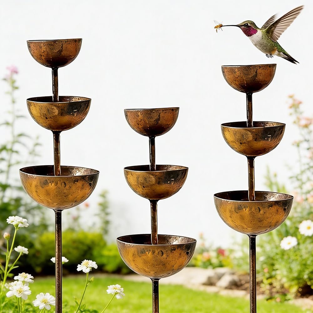 Rain Catcher – Plant Support, Rust Patina Metal Rain Catcher Garden Stake with Water Bowl, Decorative Outdoor Yard Accent & Memorial Day Backyard Decor (3pcs)