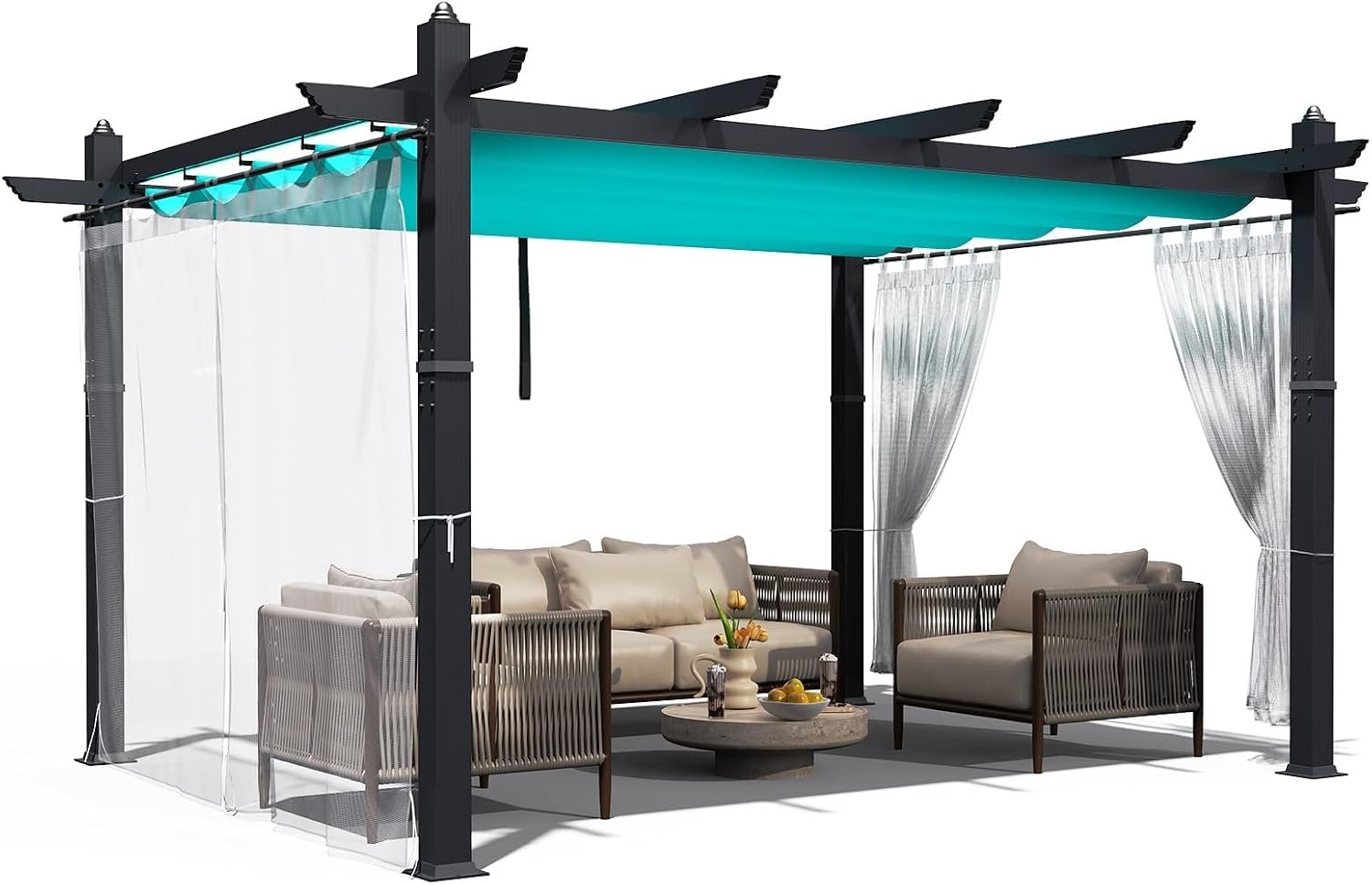 Aluminum Pergola with Retractable Canopy, 10×13 ft Sun Shade, Rust-Resistant Outdoor Pavilion for Patio, Backyard, Deck, Poolside, Waterproof, Grape Trellis, Blue with Curtains and Mosquito Netting