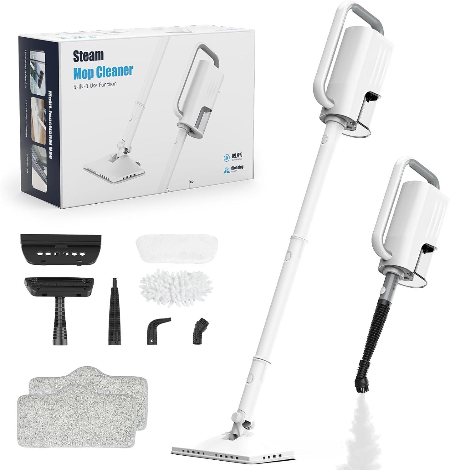 6-in-1 Steam Mop, 1200W Rotated Steam Cleaner for Home, 2 Modes, 400ML Removable Tank, 23FT Power Cord, 2 Pads, Multi-Surface Steamer for Hard Floor, Laminate Floor, Tiles Cleaning (Lily White）