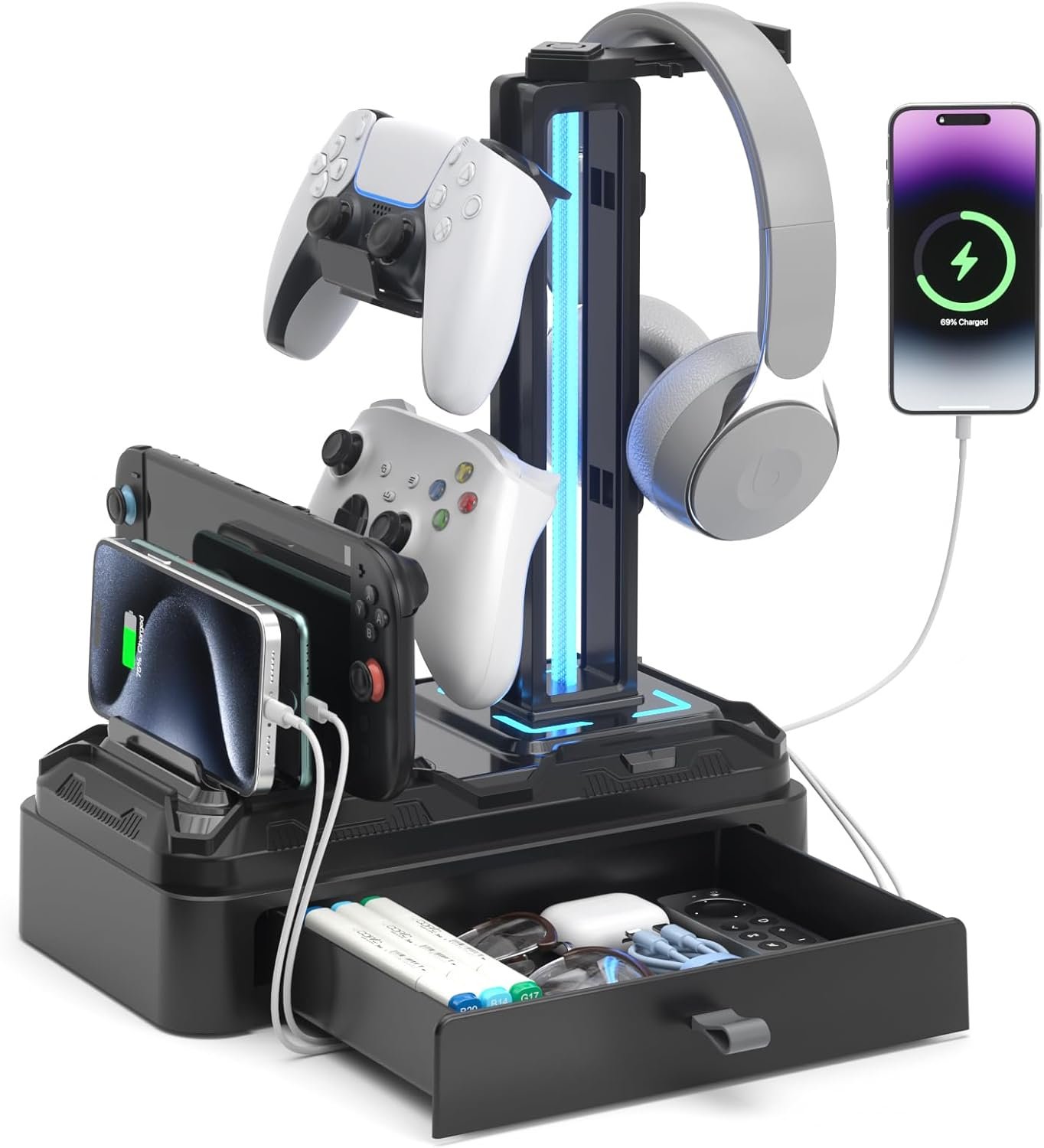 KDD Headphone Stand with USB A&C Charger Ports – RGB Controller Stand with Detachable Hooks – Rotatable Headset Hanger & Device Slot for Phones/Tablets – Drawer Storage Base for Gaming Desk Organizer