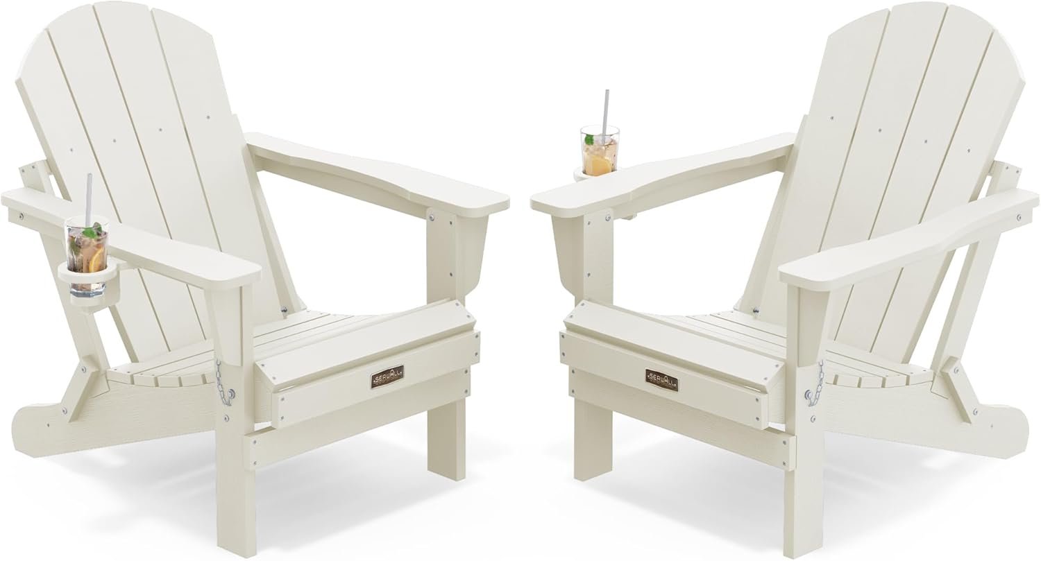 SERWALL Folding Adirondack Chair Set of 2, All Weather Patio Chair with Wood Texture, Fire Pit Chairs for Outdoor – White