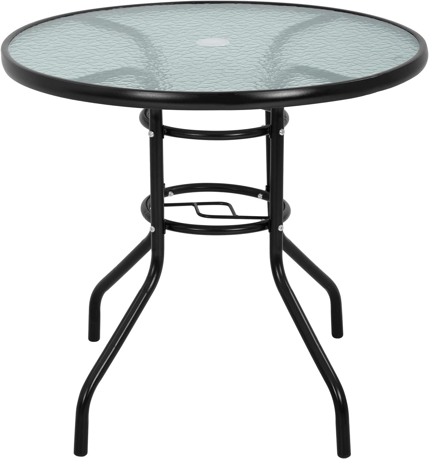 32in Outdoor Table Patio Dining Table Outdoor Dining Table with Umbrella Hole Round Tempered Glass for Yard Bistro Lawn Balcony