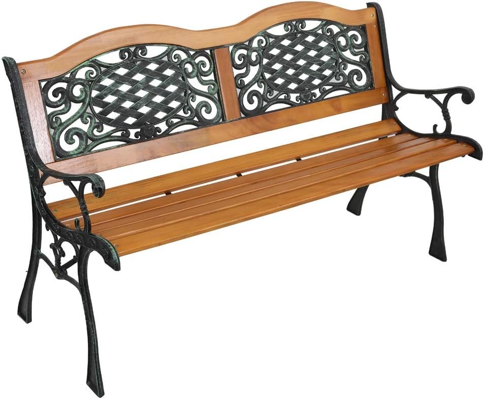 VINGLI Outdoor Bench, Weather Resistant Cast Iron Frame＆Teak Wood Seat w/PVC Backrest, 3-Person 470lbs Capacity Garden Bench for Park Porch Entryway Patio (Arch)