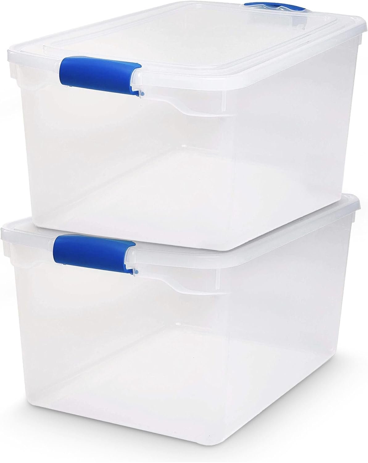 HOMZ 2-Pack Latching Lid, Large Clear Plastic Storage Bins with Lids, 66 Quart, Blue Latch – Stackable Container Boxes for Home, Bathroom, and Office Organization