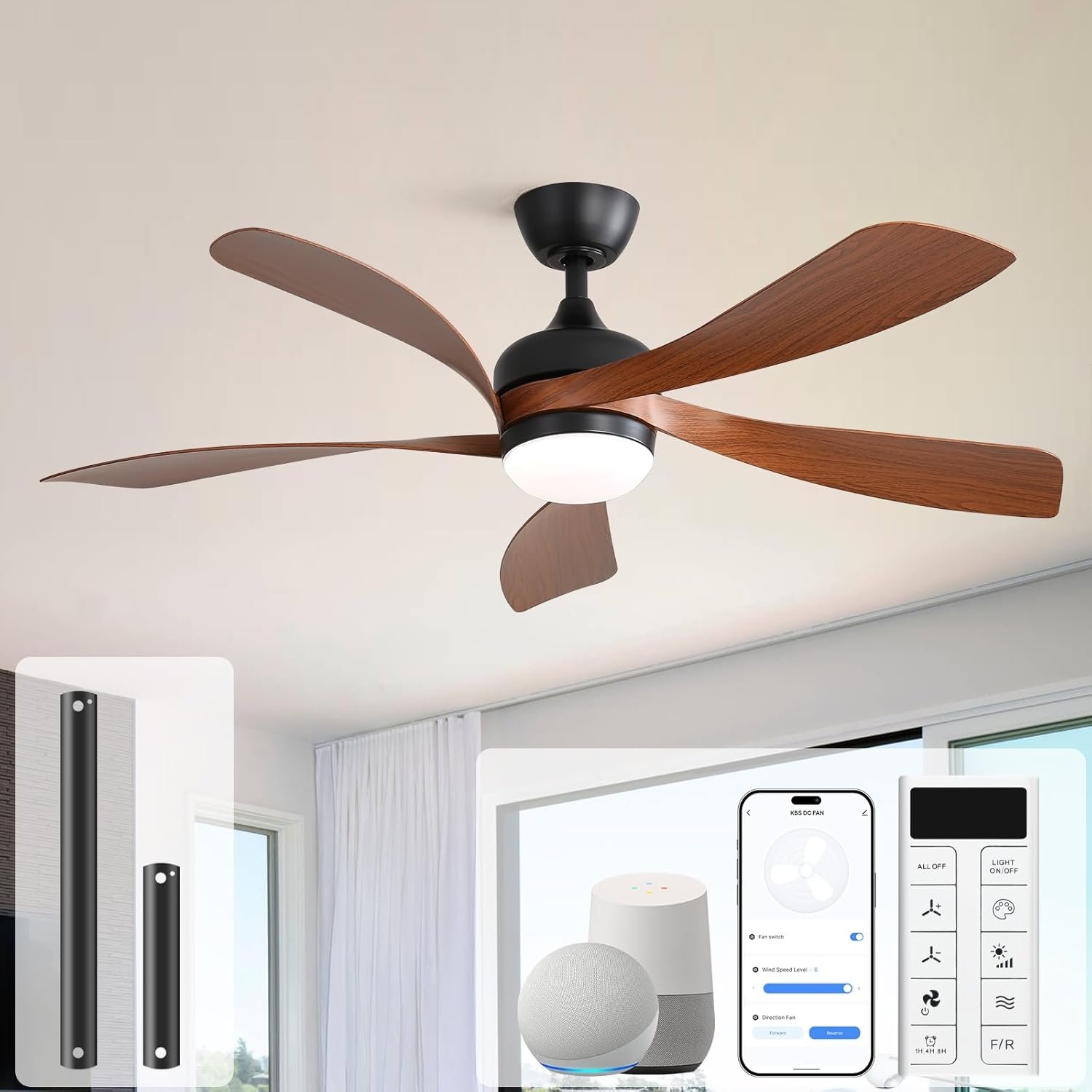 Sofucor 52″ Smart Ceiling Fan, Indoor/Outdoor Ceiling Fans with Lights and Remote, Compatible with Alexa/Google/App, 3-Color Light 6-Speed Timing Reversible DC Motor for Bedroom Living Room Patio