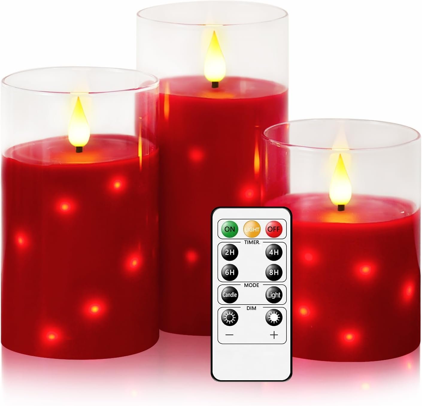 Nimiko Real Wax Flameless Candles Glass,Battery Operated LED Candles with Flickering Flame,Glass Shell,Interior Star Light Decoration Set of 3 Red (D3×H 4″ 5″ 6″) for Home Decor,Holiday Decoration