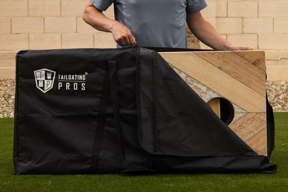 Tailgating Pros Cornhole Boards 4×2 Official Regulation Size – Wooden Design Cornhole Game Set with 8 Bean Bags, Carrying Case & Tote – Outdoor Tailgate Yard Game