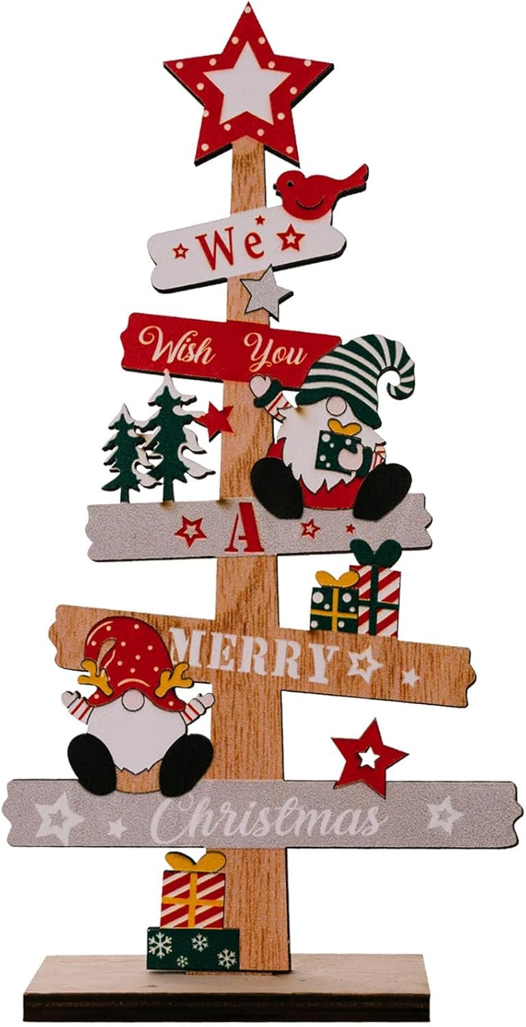 Christmas Tree Gnome Decorations for Home, Tabletop, Wooden Xmas Ornaments for Office Party Tiered Tray Desk Decor (We Wish You A Merry Christmas)