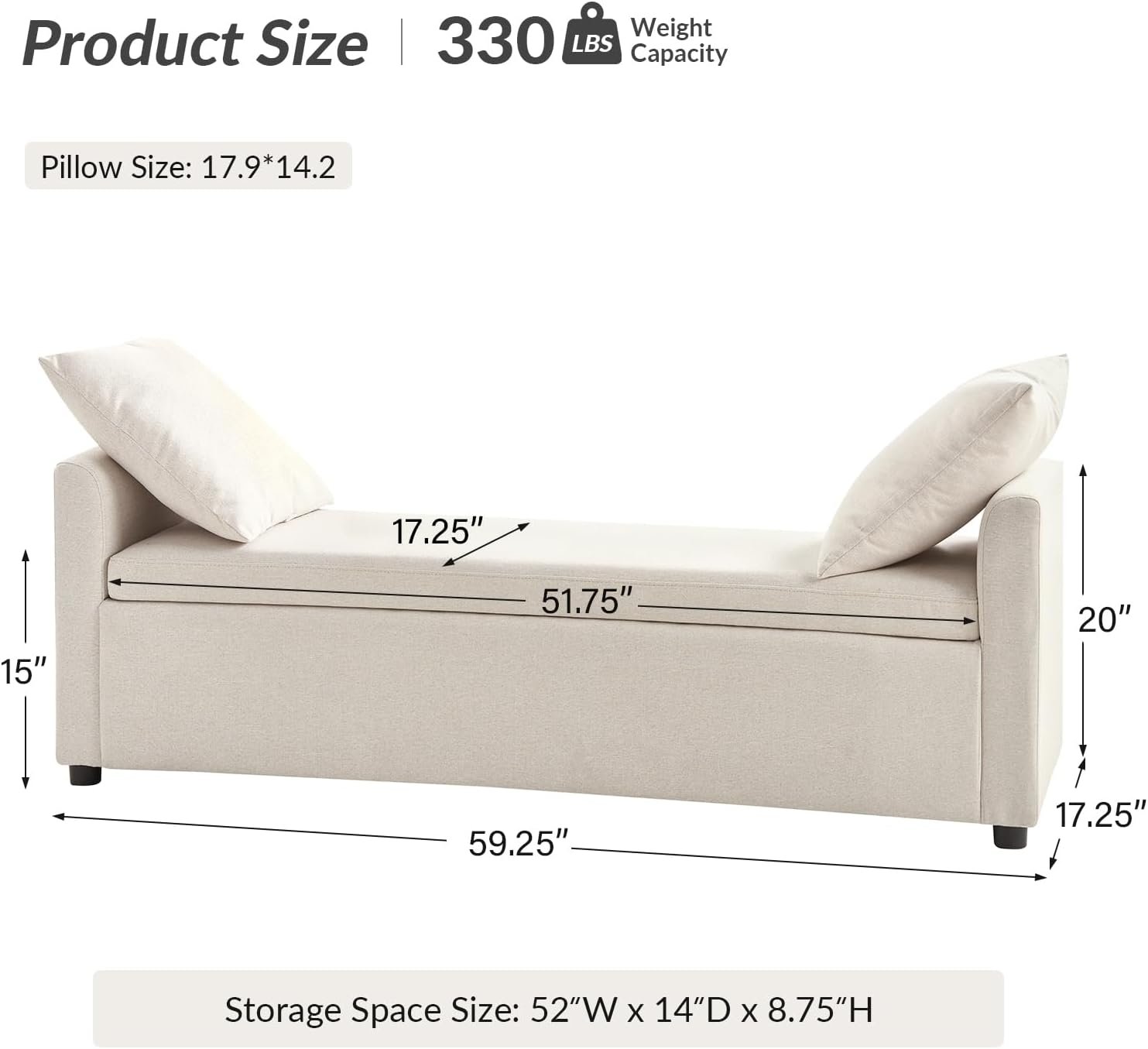 HULALA HOME 59″ Storage Bench with 2 Throw Pillows, Modern Long Bedroom Bench for End of Bed, Comfy Upholstered Footstool for Entryway Living Room, Linen