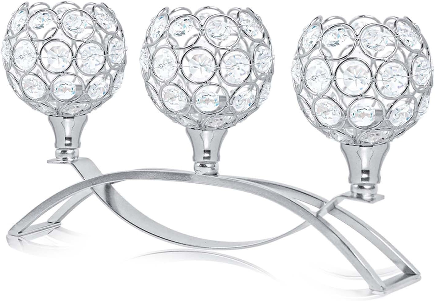 Crystal Tealight Candle Holder Centerpiece Home Decorative Candlestick Holder Elegant Table Centerpiece Home Decor Wedding Party Anniversary (Silver, 3 Arm)